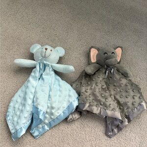 Set of 2 Blue and Gray Plush Animal Security Blankets loveys